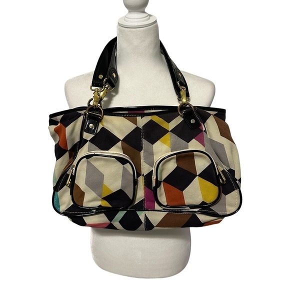TED BAKER 100% Cotton Geometric Printed Front Zipped Pockets Hobo Shoulder Bag - Picture 1 of 8